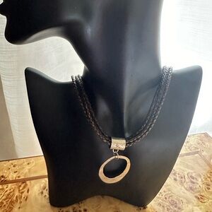 Retired Silpada Sterling Silver Circle Pendant Necklace Braided Leather Necklace